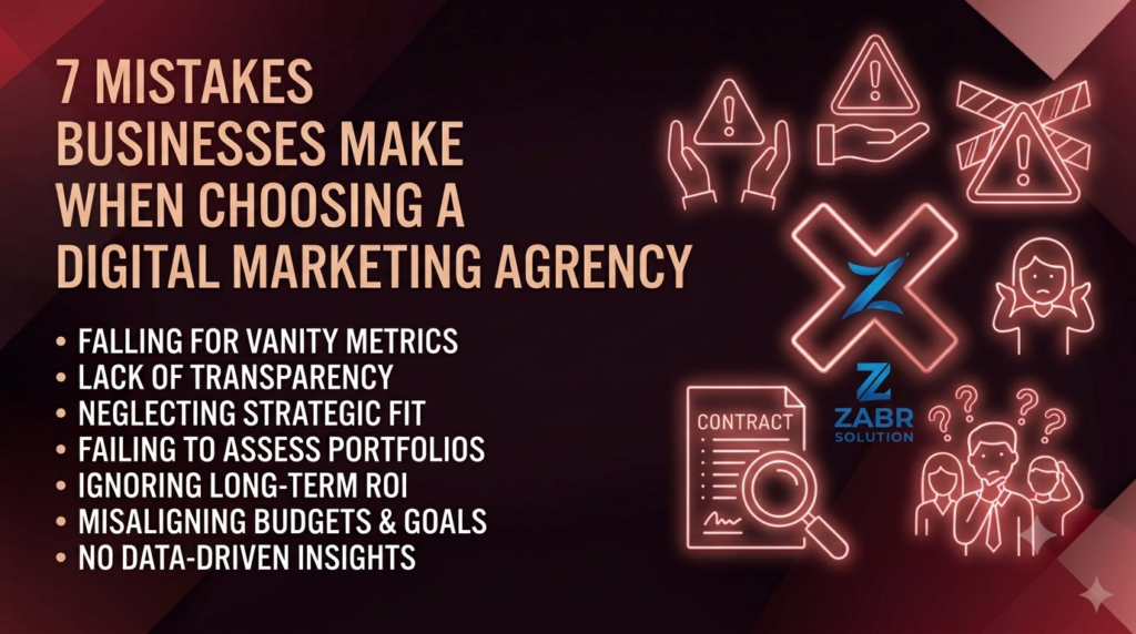 Business owner evaluating a digital marketing agency to avoid common hiring mistakes and choose the right marketing partner for business growth.