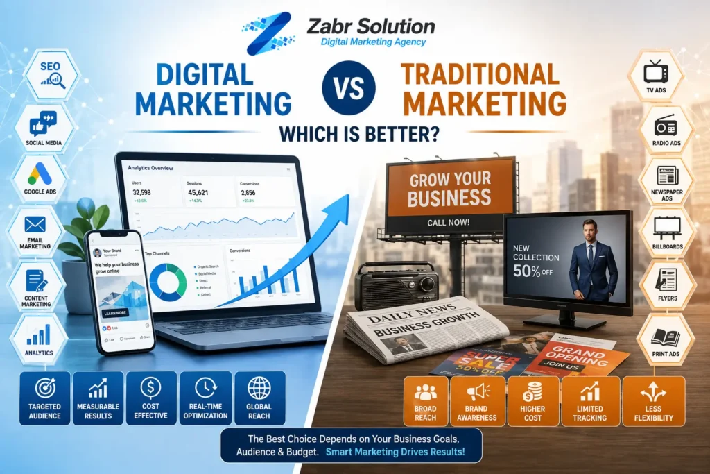 Digital marketing vs traditional marketing comparison showing online and offline marketing strategies by Zabr Solution.