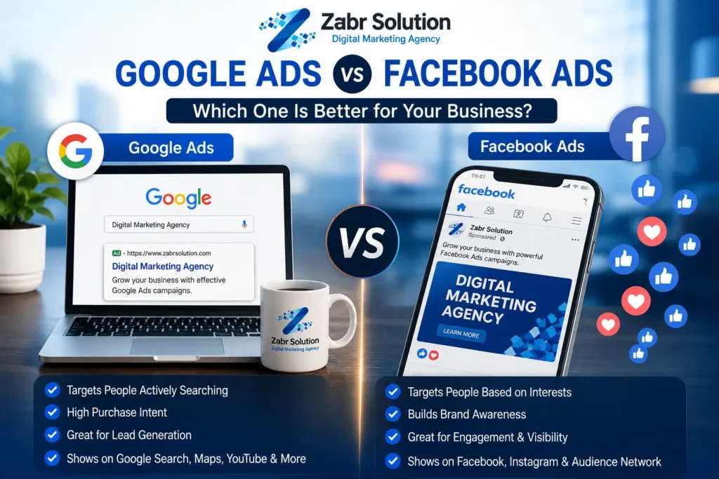 Google Ads vs Facebook Ads comparison guide for businesses by Zabr Solution