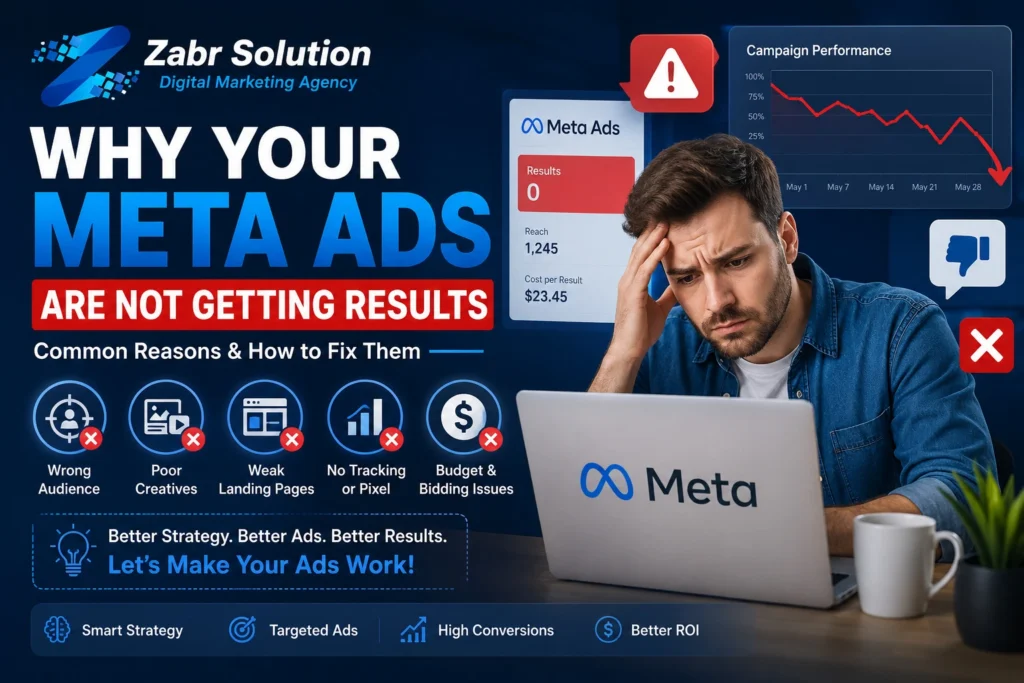 Why Your Meta Ads Are Not Getting Results infographic showing common Facebook and Instagram advertising mistakes and optimization tips by Zabr Solution.