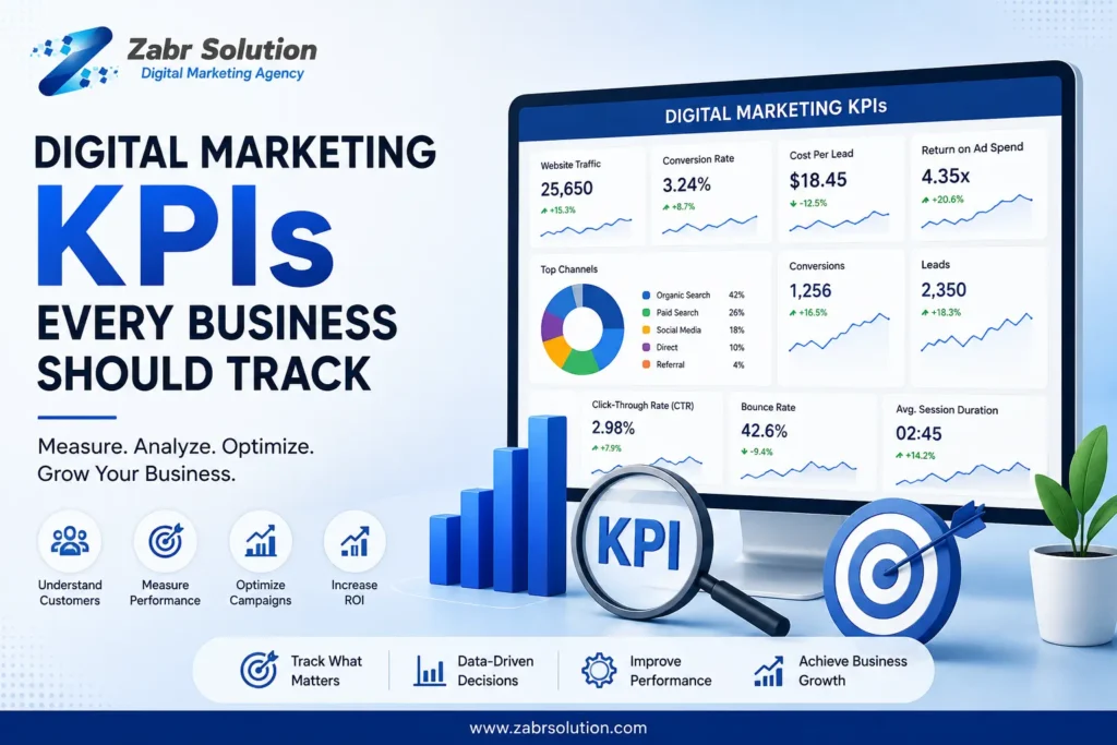 Digital Marketing KPIs dashboard infographic showing website traffic, conversions, ROI, CTR, and business performance metrics by Zabr Solution.